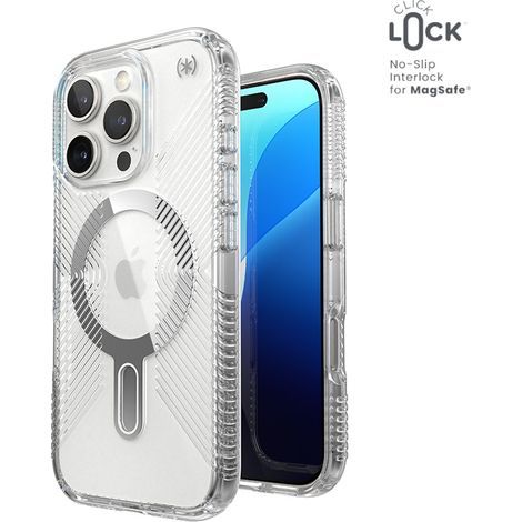 Custodia Speck Presidio Perfect-Clear Grip ClickLock e MagSafe per iPhone 16 Pro (Trasparente / Finitura cromata / Argento sereno) (1/5)