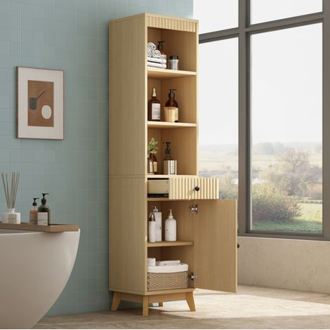 Meuble colonne salle de bain 40 x 36 x 172 cm, sur pied, tiroir, fermeture douce, naturel HAVRYA (1/5)