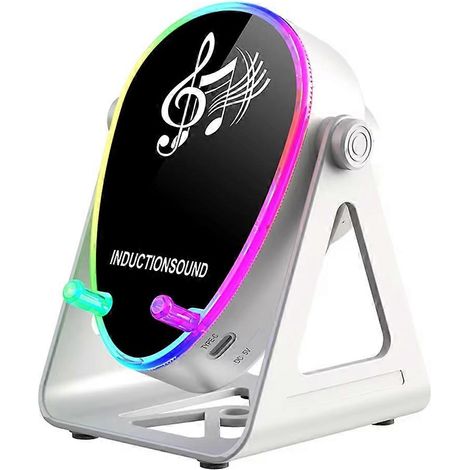Enceinte portable sans fil Bluetooth 5.3 avec éclairage RGB, support de téléphone rotatif à 180°, son surround et lecteur de musique (blanc). (1/5)