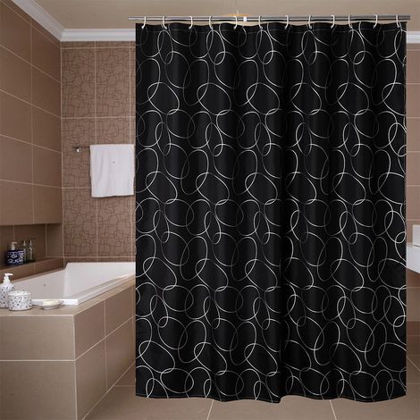 Cortina de ducha, estampado de pared negra, poliéster impermeable, 12 ganchos, baño (1/5)