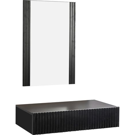 Recibidor acanalado con Cajón y Espejo  Mueble de Entrada Colgante  Acabado en Negro Mate  Modelo Amira
