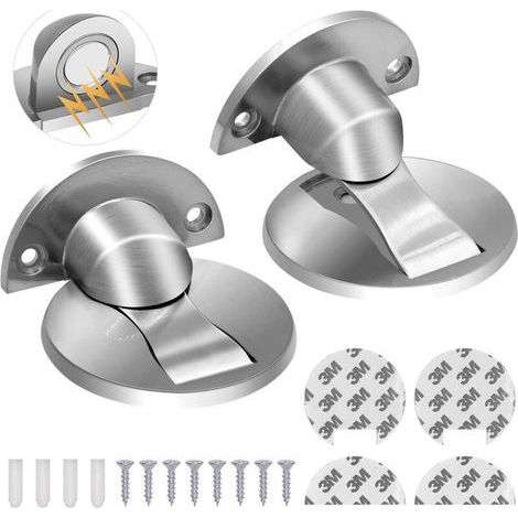 2er-Set magnetische Türstopper aus Edelstahl – Magnetischer Türstopper – Oberfläche in gebürstetem Nickel – Unsichtbar und langlebig – Silber – Kein Bohren erforderlich