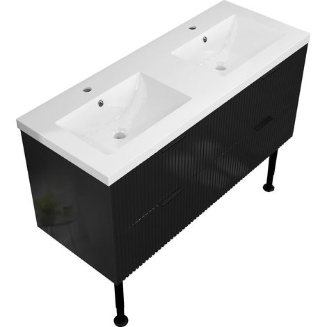 OCEAN Meuble salle de Bain - 4 Tiroirs avec Pieds, Vasque Blanche, 120cm Finition Noir Brillante (1/5)