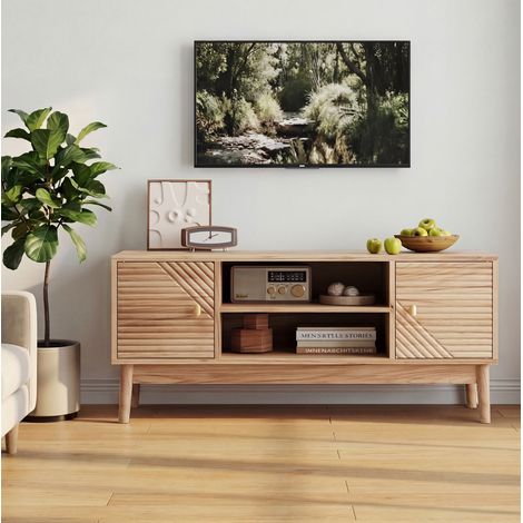 Meuble TV 110 cm avec rangement MDF chene OKMYHOME (1/5)
