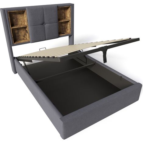 Letto contenitore 90 x 200 cm grigio in cotone con ricarica wireless USB e Type-C (1/5)