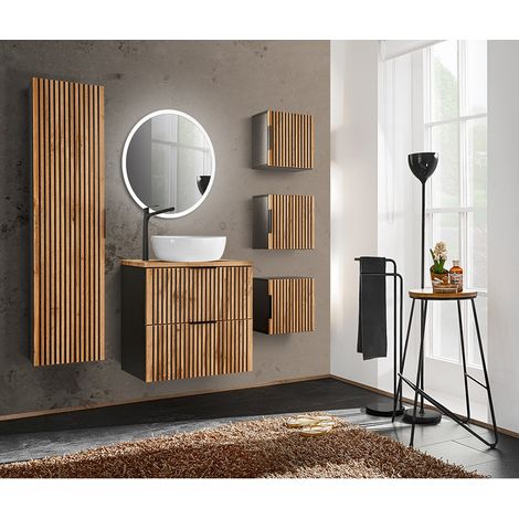 Badezimmer Komplett Set schwarz gerillt mit Waschtisch 60 cm XANTEN-56 in anthrazit mit Eiche Nb., B/H/T: 160/200/46,5 cm (1/5)