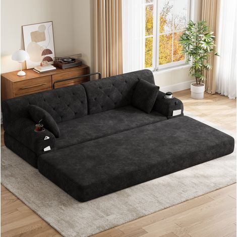 Sofá cama de 3 plazas de pana negra con respaldo alto, 2 portavasos y 4 bolsillos (1/5)
