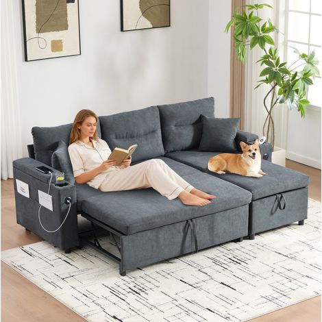 Sofá de lino gris oscuro 212,5 cm, 3 plazas con chaise longue arcón, cama extraíble y USB-C (1/5)