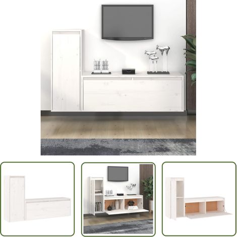 The Living Store Meubles TV 2 pcs Blanc Bois massif de pin - Meuble Tv - Meuble Suspendu - Rangement Mural - Bibliothèque Murale - Décoration Murale (1/5)