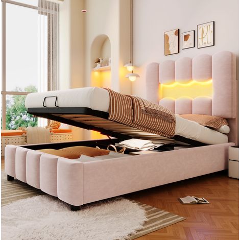 Lit capitonné moderne 90x200 cm en velours rose, avec tête de lit réglable, coffre hydraulique et LED (1/5)