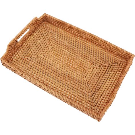 Plateau de service en rotin tressé à la main rectangulaire avec poignées pour petit-déjeuner boissons en-cas salle à manger table basse (1/5)