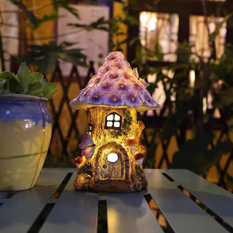 Solar Powered LED Lighted Fairy House GNOME Garden Statue, Home Garden Ornament, Resin Cabin for Outdoor Decoration 20.5119cm (1/5)