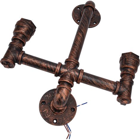 Applique murale en fer forgé, applique murale double tête en fer forgé avec tuyaux d'eau, applique murale style industriel rétro en métal rouillé, douille E27, éclairage décoratif d'intérieur pour cui (1/5)