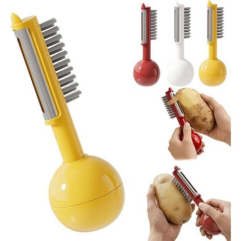 Éplucheur vertical multifonctionnel avec brosse de nettoyage anti-basculement Pour fruits, pommes, carottes, pommes de terre, jaune (1/5)