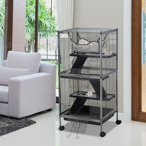 Cage en acier pour petits rongeurs. Cage à trois niveaux pour cobayes et chinchillas. 4 roues. Hamac et plateau amovible. 52 x 52 x 113,5 cm. Gris argenté.