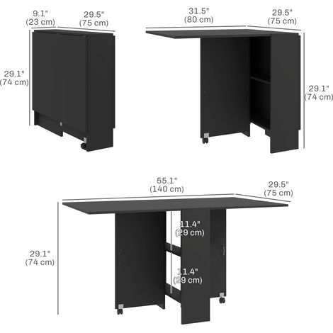 Table de salle à manger extensible noire avec étagères à 2 niveaux et roulettes, pliable et facile à ranger, idéale pour la cuisine et la salle à manger. (1/5)
