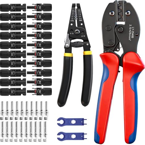 Pince à sertir pour câbles solaires 2,5/4/6 mm² (Comprend 10 paires de connecteurs solaires, 2 clés et 1 pince à dénuder à poignée incurvée) – Idéale pour le montage de câbles de panneaux solaires (1/5)