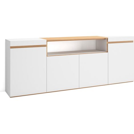 Skraut Home - Credenza, Mobile, Cucina, Madia, mobile ingresso, 200x35x75cm, 4 Porte, grande stoccaggio, Stile moderno, Bianco e Rovere soft (1/5)