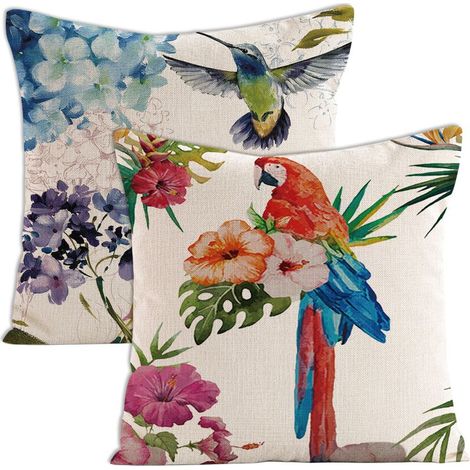 Ensemble de 2 housses de coussin décoratives à motifs floraux tropicaux, palmiers, feuilles et perroquets. Dimensions standard carrées : 45,7 x 45,7 cm (18 x 18 pouces). (1/5)
