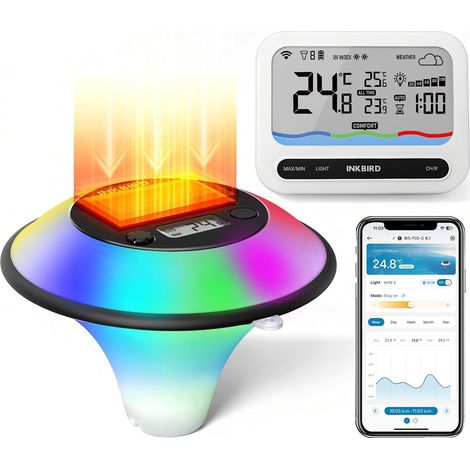 Thermomètre Piscine WiFi Solaire, Étanche IP68, Lumières Multicolores, 3 Modes Auto-On, Moniteur Multifonctionnel, Contrôle App Indice UV, affichage météo et application, pour piscine enfants piscine (1/5)