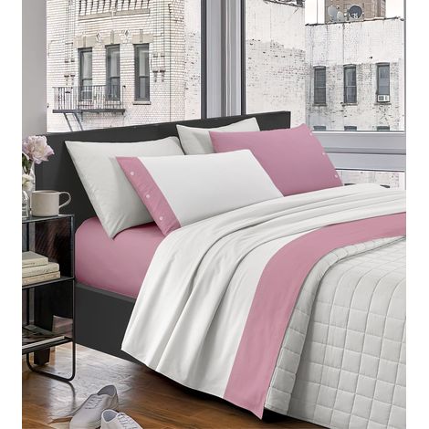 Completo Letto Lenzuola Matrimoniale Elegante,100% Cotone, Set Letto Due Piazze,Tinta Unita Lenzuolo Sopra, Sotto e Federe Con Bordo Applicato Soft Touch Misure Maxi Rosa - Matrimoniale