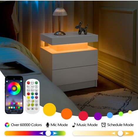 Table de chevet moderne blanche avec éclairage LED réglable et 2 tiroirs (1/5)