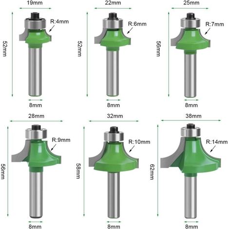Lot de 6 Fraise Défonceuse à Bois 8 mm, Fraise Quart de Rond Tige 8 mm, Rainure Arrondie pour Travail Bois (6) (1/4)