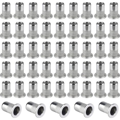 50 PCS M6 Acier Inoxydable 304 Rivet Écrou, Écrous à Sertir Rivet Écrou à Tête Plate Nutsert en Acier Écrou Outil Plat Tête Filetée Rivet Nutsert Ecrous de Rivet Insert Filetage Métrique (1/5)