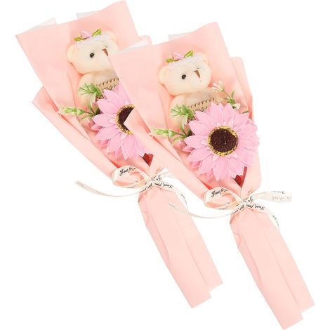 Strauß aus 2 Rosen-Teddybären, dekoratives Abschlussgeschenk, Seifenblumen und Plüschtier, für die Dekoration der Abschlussfeier (1/5)