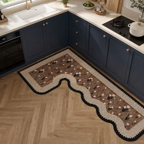 Tapis de cuisine en diatomite en L droite, motif floral branches brunes, 100 x 120 cm (1/4)