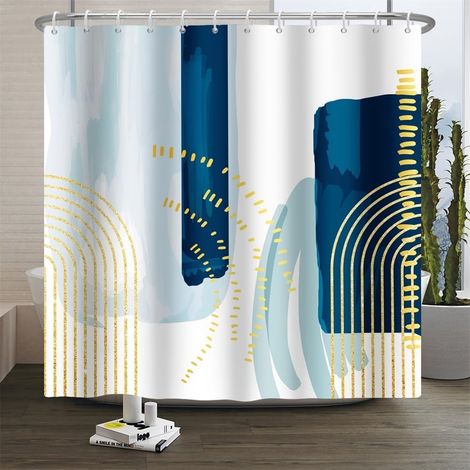 Rideau de Douche Aquarelle Abstrait Rideau de Salle de Bain Moderne à Paillettes et Lignes dorées Blanc Sarcelle Contemporain esthétique Bleu Rideau de Douche Lavable 150x180cm (1/5)