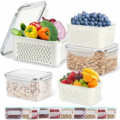 Boîtes de conservation pour fruits et légumes frais au réfrigérateur – Boîtes en plastique sans BPA et 10 sacs de conservation réutilisables, bacs de rangement (1/5)