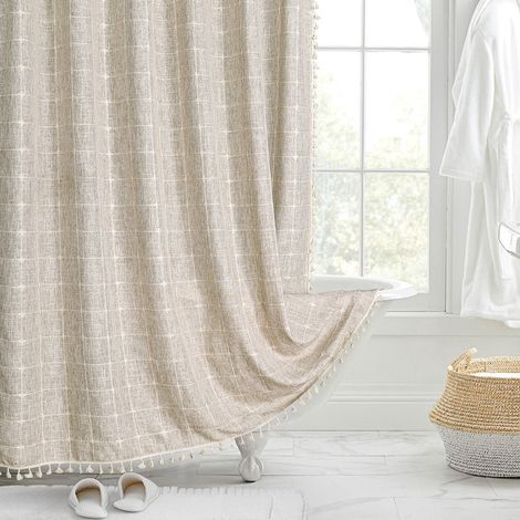 Filiyano-Rideau de douche en lin pour salle de bain - imperméable, 180 x 200 cm - beige - comprend 12 crochets (1/5)