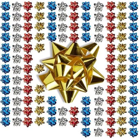 Lot de 100 nœuds cadeaux autocollants - Forme étoile Ø 5 cm - Pour anniversaire ou Noël - Colorés - Accessoire décoration (1/5)