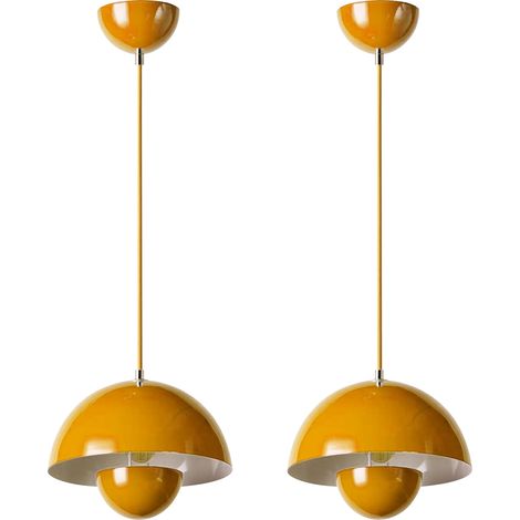 Modern Pendant Light, Metal Shade, 100 cm Adjustable Cable, 23 cm Diameter, Yellow, E27 Bulb, 2PCS (1/5)