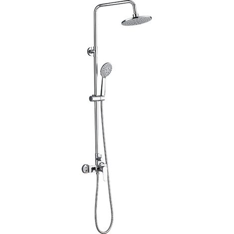Colonne de douche chromée avec mitigeur chaud/froid, ensemble de douche 2 fonctions en laiton avec pomme haute pluie 20 cm, douchette à main, flexible 1,5 m, cartouche céramique et jet haute pression, (1/3)