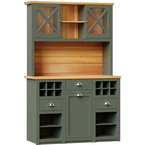 Armoires de cuisine (120 x 45 x 188 cm), grands meubles de cuisine, buffets, armoires de cuisine avec portes vitrées et éclairage LED, meuble d’appoint avec casier à vin, étagères réglables, vert (1/5)
