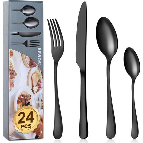 24 pièces Ensemble de couverts noir mat en acier inoxydable, couverts set fourchettes, couteaux, cuillères, service pour 6, passe au lave-vaisselle