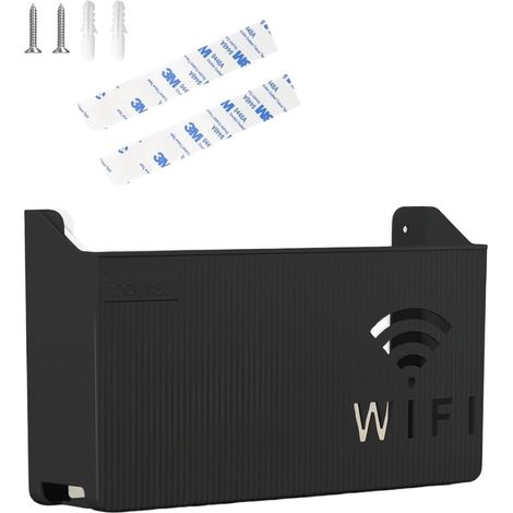 Boîte de rangement noire pour routeur WiFi – Support mural universel pour modem et équipement réseau – Avec double montage (vis et ruban adhésif) et ventilation – Armoire de rangement de câbles pour b (1/5)