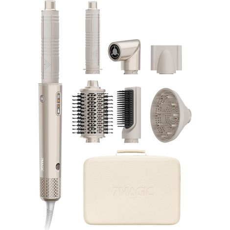 Air Styler 7 en 1, Sèche-Cheveux Ionique avec Diffuseur, Boucleur Auto Brosse Coiffante, Coiffage Auto, Coanda, sans chaleur extrême, Séchage Rapide, Volume, Lissage, Boucles, Coffret Voyage, Or (1/5)