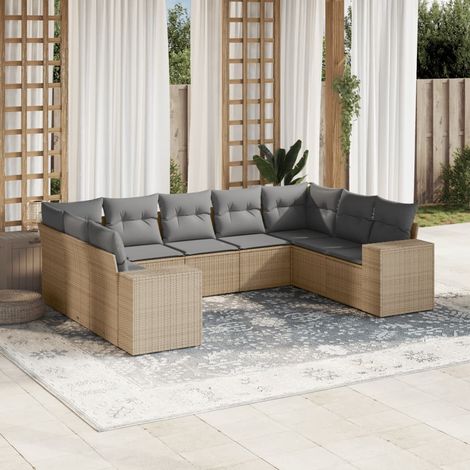 Ensemble Salon Jardin 9 Places Résine Tressée Beige avec Coussins Gris - Canapés Modulaires d'Extérieur (1/5)