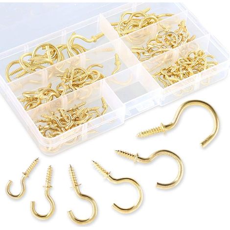 Pack of 120 screw-in metal ceiling hooks in 6 sizes, gold-plated self-tapping hooks for home/workplace/office (Q screws) (1/5)