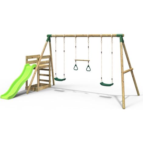 Rebo Wooden Swing Set plus Deck & Slide - Comet Green (1/4)