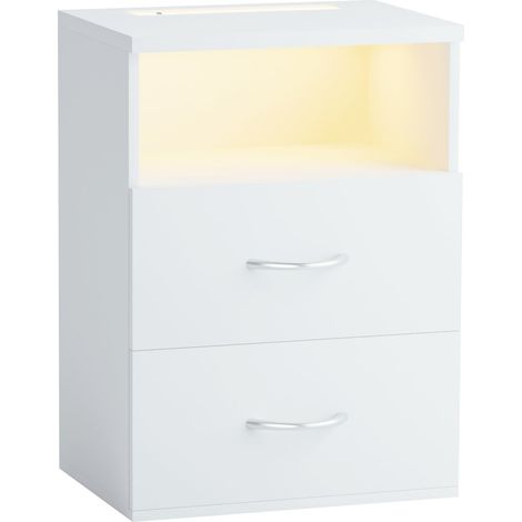 Mesita de noche con luz LED, puerto USB, 2 cajones (1/5)