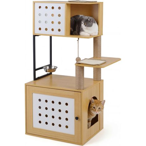 COSTWAY Arbre a Chat avec Litiere Intégrée, Arbre a Chat XXL, Espace d'alimentation, Condo, Tapis & Poteaux à Griffer en Sisal, Plateformes, Tour pour Chaton, Balle Suspendu, 72x43x117,5cm (Naturel) (1/5)