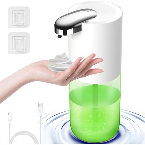 Distributeur automatique de savon mousse, 380 ml, volume de mousse réglable sur 4 niveaux, distributeur de savon électrique mural, convient pour cuisine, salle de bain et baignoire, blanc (1/5)