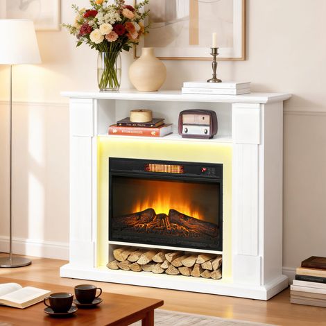 Blanc - Cheminée électrique intégrée 1800W, flamme 3D, 3 modes, LED, 2 télécommandes, thermostat, minuterie et chauffage réglable (1/5)