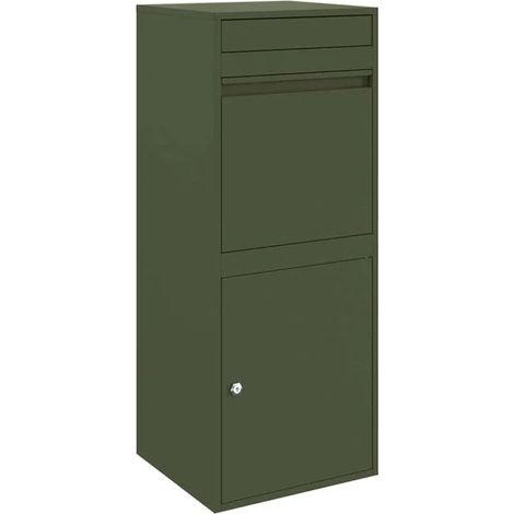 Boîte de dépôt de colis vert olive, dimensions : 41 x 38 x 103 cm, acier.