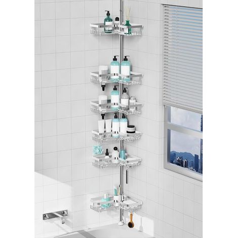 Etagere Douche Telescopique - Etagere Salle de Bain Acier Inoxydable Avec 6 Plateaux, Étagère Douche Reglable Hauteur(63,5-290cm), Convient Pour les salles de Bains ou les Cuisines, Argenté (1/5)