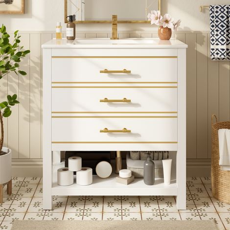 Meuble salle bain vasque incluse 76 cm blanc or OKMYHOME (1/5)